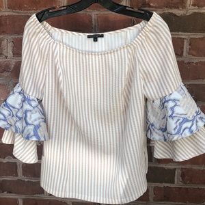 Seer sucker off the shoulder blouse w bell sleeve